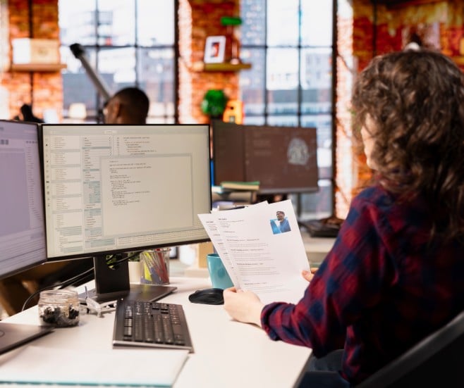 Women sitting on chair and working on computer